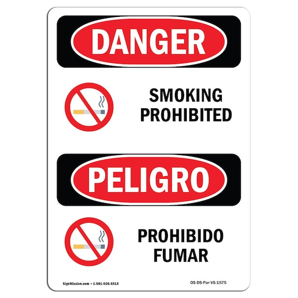 OSHA Sign, Smoking Prohibited Bilingual, 18in X 12in Aluminum, 12" W, 18" L, Bilingual Spanish